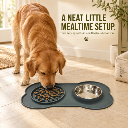 GAVPEPY Silicone Feeding Mat and Bowl Set, 58 x 33 cm, one pictured colorway, for Everyday Dog and Cat Meals or Water at Home, textured feeding area beside a round bowl; a patterned surface separates portions across the bowl image 7 - 6.jpg
