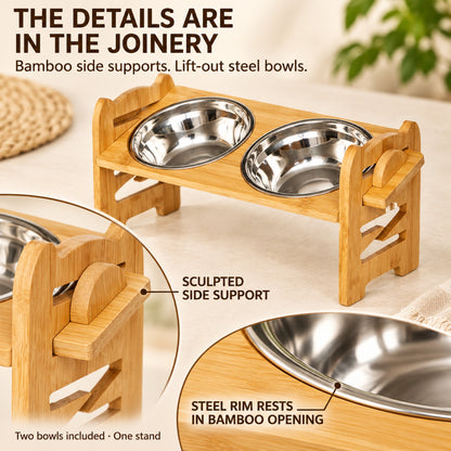 GAVPEPY Bamboo Double Pet Bowl Stand, three frame sizes from 42 to 42.5 cm wide, natural bamboo, for Everyday Dog and Cat Meals or Water at Home, two bowl positions in a raised bamboo frame; a practical feeding setup for daily pet-care routines image 7 - 6.jpg
