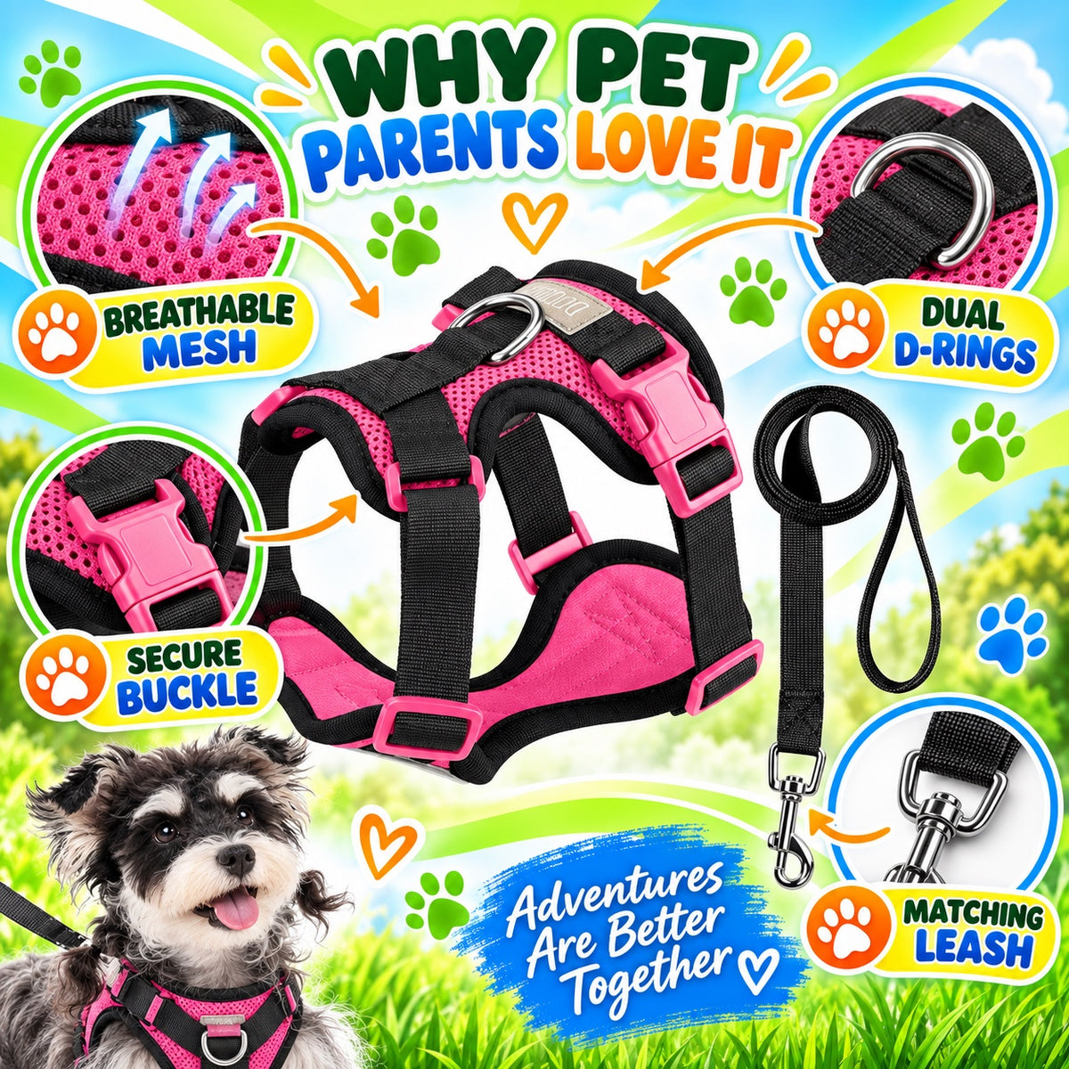 Breathable Mesh Dog Harness and Leash Set, 6 Colors and 4 Sizes, By GAVPEPY image 7 - 6.jpg