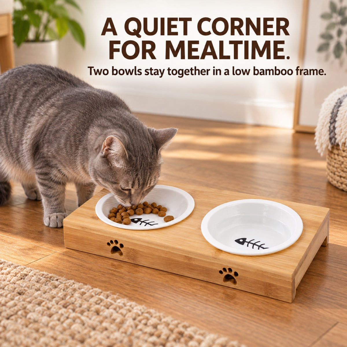 GAVPEPY Bamboo Stand with Two Ceramic Pet Bowls, stand 29.5 x 14.1 x 5.3 cm, natural bamboo and white bowls, for Everyday Dog and Cat Meals or Water at Home, two ceramic bowls seated in a low bamboo frame; a practical feeding setup for daily image 7 - 6.jpg