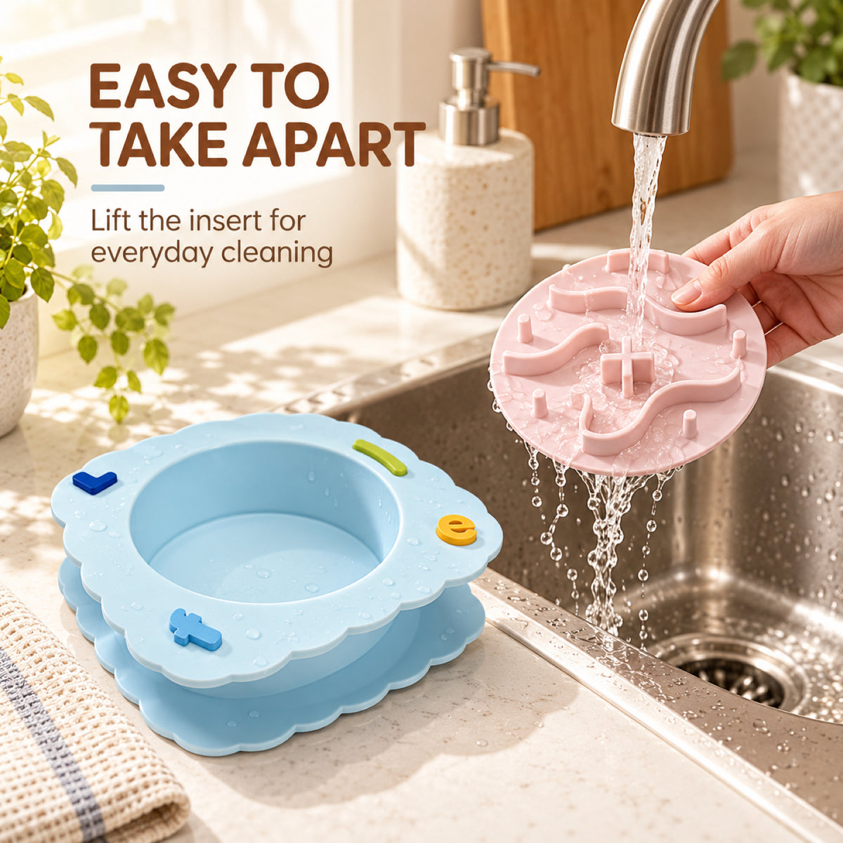 GAVPEPY Silicone Patterned Slow Feeder Bowl, 19.5 x 19.5 x 5.5 cm, Sea Breeze Blue, Sunset Orange or Lemon Yellow, for Everyday Dog and Cat Meals or Water at Home, raised maze-like food channels; a patterned surface separates portions across the bowl image 7 - 6.jpg