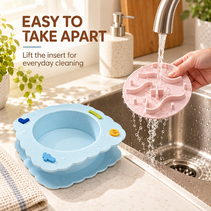 GAVPEPY Silicone Patterned Slow Feeder Bowl, 19.5 x 19.5 x 5.5 cm, Sea Breeze Blue, Sunset Orange or Lemon Yellow, for Everyday Dog and Cat Meals or Water at Home, raised maze-like food channels; a patterned surface separates portions across the bowl image 7 - 6.jpg
