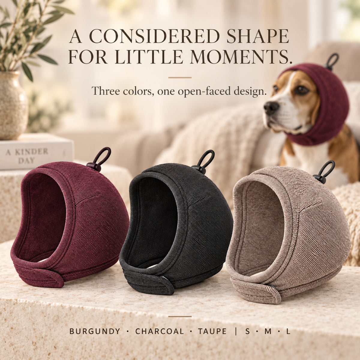 GAVPEPY Polyester Dog Ear Snood, Burgundy, Charcoal or Brown in S, M and L, for covering canine ears during supervised wind, grooming and daily routines, home, travel, grooming and outdoor walks, soft ribbed fabric, an open face and a top adjustment image 7 - 6.jpg