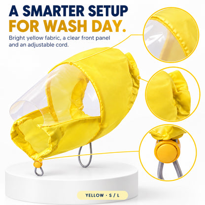 GAVPEPY Polyester and EVA Dog Bath Ear Cover Hood, Yellow in S or L, for covering the ear area during supervised splash-prone baths, home bathing, wash stations and grooming sessions, a bright hood, clear face panel and adjustable lower opening form image 7 - 6.jpg