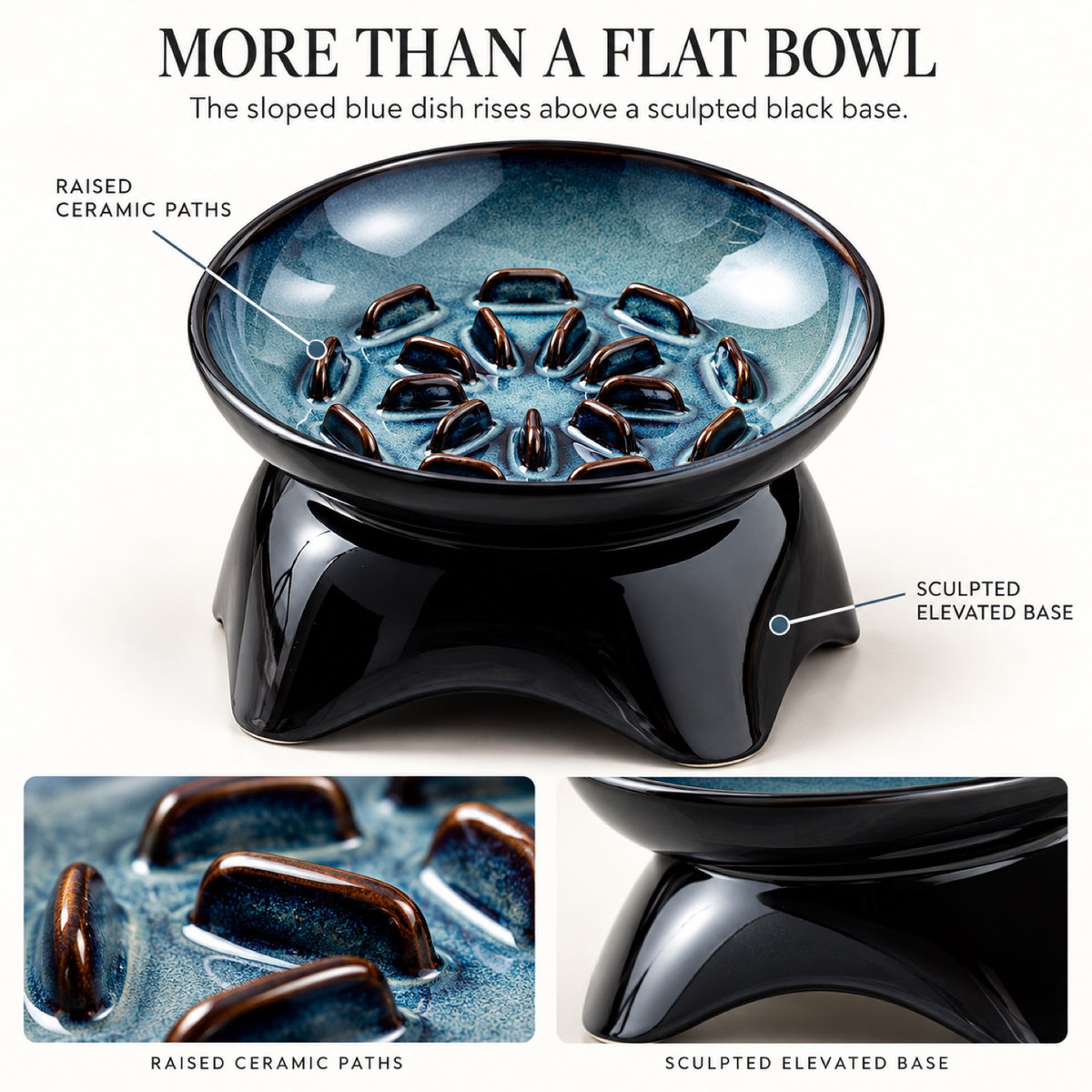 GAVPEPY Blue Glazed Ceramic Raised Slow Feeder Bowl, 20.2 x 11.9 x 10.4 cm, Blue, for Everyday Dog and Cat Meals or Water at Home, angled raised bowl with molded internal ridges; a patterned surface separates portions across the bowl image 7 - 6.jpg