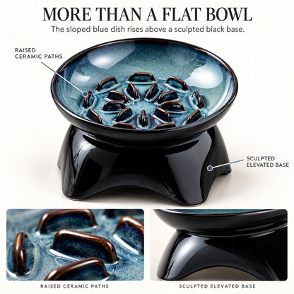 GAVPEPY Blue Glazed Ceramic Raised Slow Feeder Bowl, 20.2 x 11.9 x 10.4 cm, Blue, for Everyday Dog and Cat Meals or Water at Home, angled raised bowl with molded internal ridges; a patterned surface separates portions across the bowl image 7 - 6.jpg