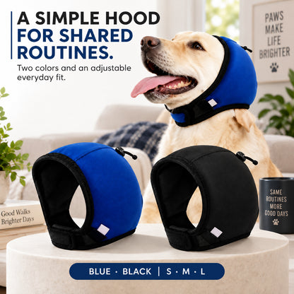 GAVPEPY Polyester Padded Dog Ear Cover Hood, Black or Blue in S, M and L, for covering canine ears during supervised noisy routines, home, travel, grooming visits and outdoor events, a smooth outer panel, dark inner lining and adjustable lower tab image 7 - 6.jpg