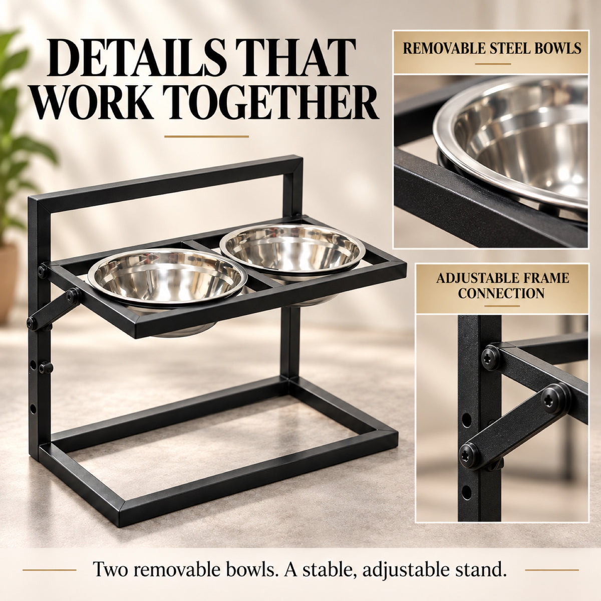 GAVPEPY Metal Raised Double Dog Bowl Stand, 42 x 32 x 25.5 cm, Black frame with two bowls, for Everyday Dog and Cat Meals or Water at Home, metal frame holding two stainless-look bowls; a practical feeding setup for daily pet-care routines image 7 - 6.jpg