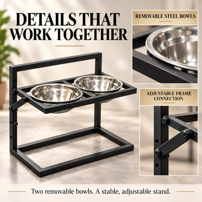 GAVPEPY Metal Raised Double Dog Bowl Stand, 42 x 32 x 25.5 cm, Black frame with two bowls, for Everyday Dog and Cat Meals or Water at Home, metal frame holding two stainless-look bowls; a practical feeding setup for daily pet-care routines image 7 - 6.jpg