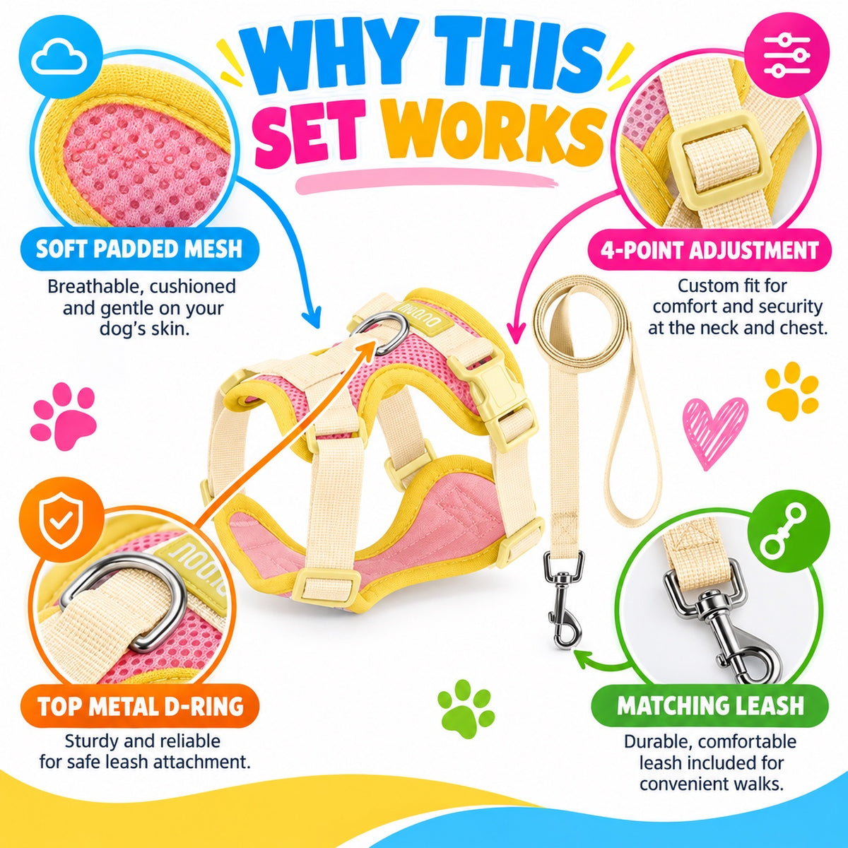 Padded Small Dog Harness and Leash Set, 6 Colors and 4 Sizes, By GAVPEPY image 7 - 6.jpg