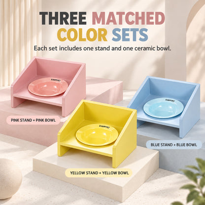 GAVPEPY Raised Ceramic Pet Bowl with Wood Stand, 14.7 cm bowl; 4.2 cm listed height, Pink, Yellow or Blue, for Everyday Dog and Cat Meals or Water at Home, angled bowl held in a low stand; a practical feeding setup for daily pet-care routines image 7 - 6.jpg