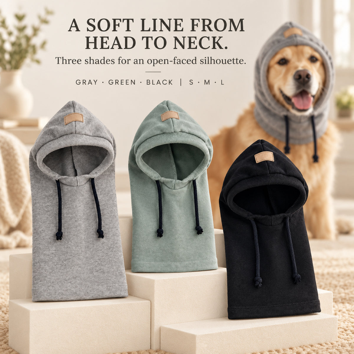 GAVPEPY Polyester Hooded Dog Ear and Neck Wrap, Black, Gray or Green in S, M and L, for covering ears and neck during supervised daily outings, cool-weather walks, travel and home routines, a long neck panel, open face and visible drawcords create image 7 - 6.jpg
