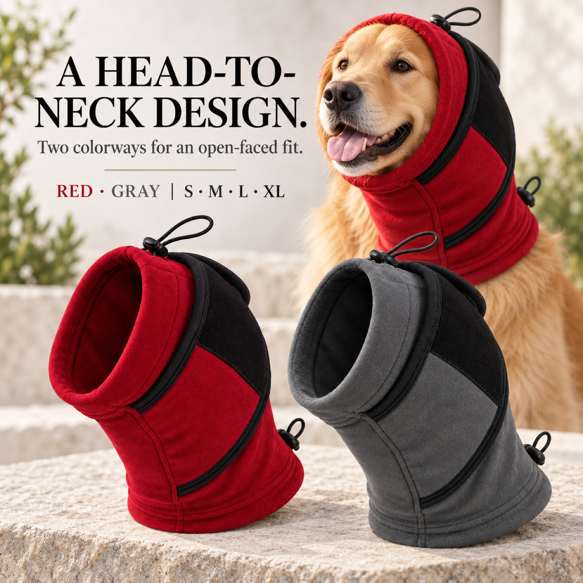 GAVPEPY Fleece-Style A-Shape Dog Head and Neck Wrap, Gray or Red in S, M, L and XL, for covering ears and neck during supervised cool-weather or noisy routines, walks, home, grooming and travel, an open face, layered neck section and adjustment image 7 - 6.jpg
