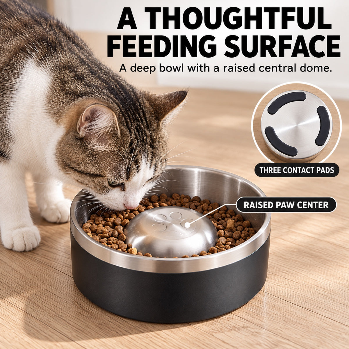 GAVPEPY Stainless Steel Slow Feeder Pet Bowl, 17 or 20 cm diameter, Classic Black, Navy Blue, White or Steel, for Everyday Dog and Cat Meals or Water at Home, raised central feeding ridges; a patterned surface separates portions across the bowl image 7 - 6.jpg