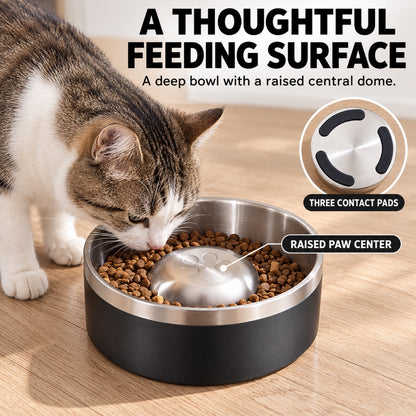 GAVPEPY Stainless Steel Slow Feeder Pet Bowl, 17 or 20 cm diameter, Classic Black, Navy Blue, White or Steel, for Everyday Dog and Cat Meals or Water at Home, raised central feeding ridges; a patterned surface separates portions across the bowl image 7 - 6.jpg