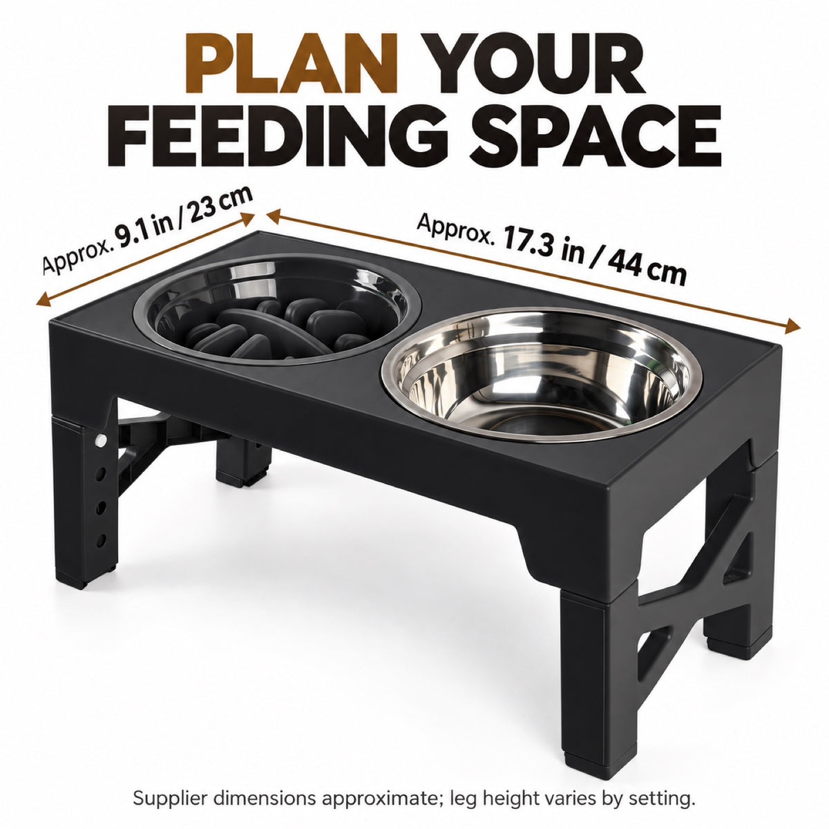 GAVPEPY Adjustable Raised Double Pet Feeder, 44 x 23 x 8 cm, Black, for Everyday Dog and Cat Meals or Water at Home, one textured feeding area and one round metal-look bowl; a practical feeding setup for daily pet-care routines image 7 - 6.jpg