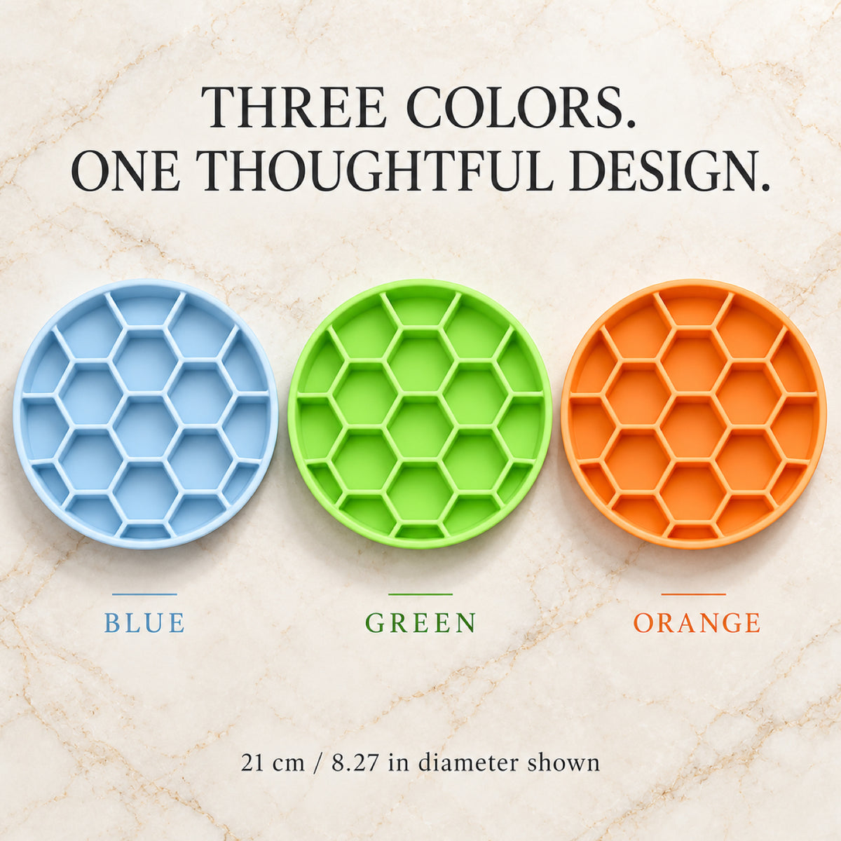 GAVPEPY Silicone Honeycomb Slow Feeder Bowl, 21 cm diameter, Blue, Green or Orange, for Everyday Dog and Cat Meals or Water at Home, raised honeycomb-style channels; a patterned surface separates portions across the bowl image 7 - 6.jpg