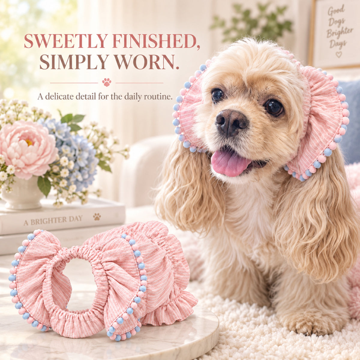 GAVPEPY Polyester Pink Lace Long-Ear Dog Snood, the LA96385 Pink Lace design in S, M and L, for holding long dog ears back during meals and supervised everyday routines, feeding, home grooming and short walks image 7 - 6.jpg