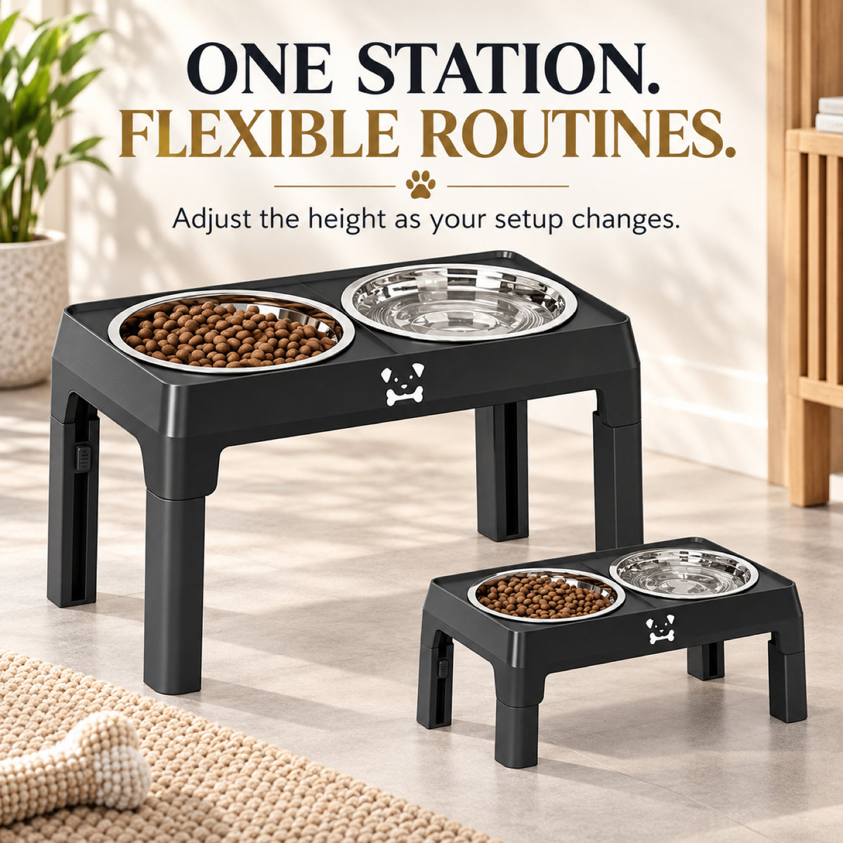 GAVPEPY Adjustable Raised Double Dog Bowl Stand, 44 x 23 x 31 cm, Black only, for Everyday Dog and Cat Meals or Water at Home, two stainless steel bowls in a height-adjustable frame; a practical feeding setup for daily pet-care routines image 7 - 6.jpg