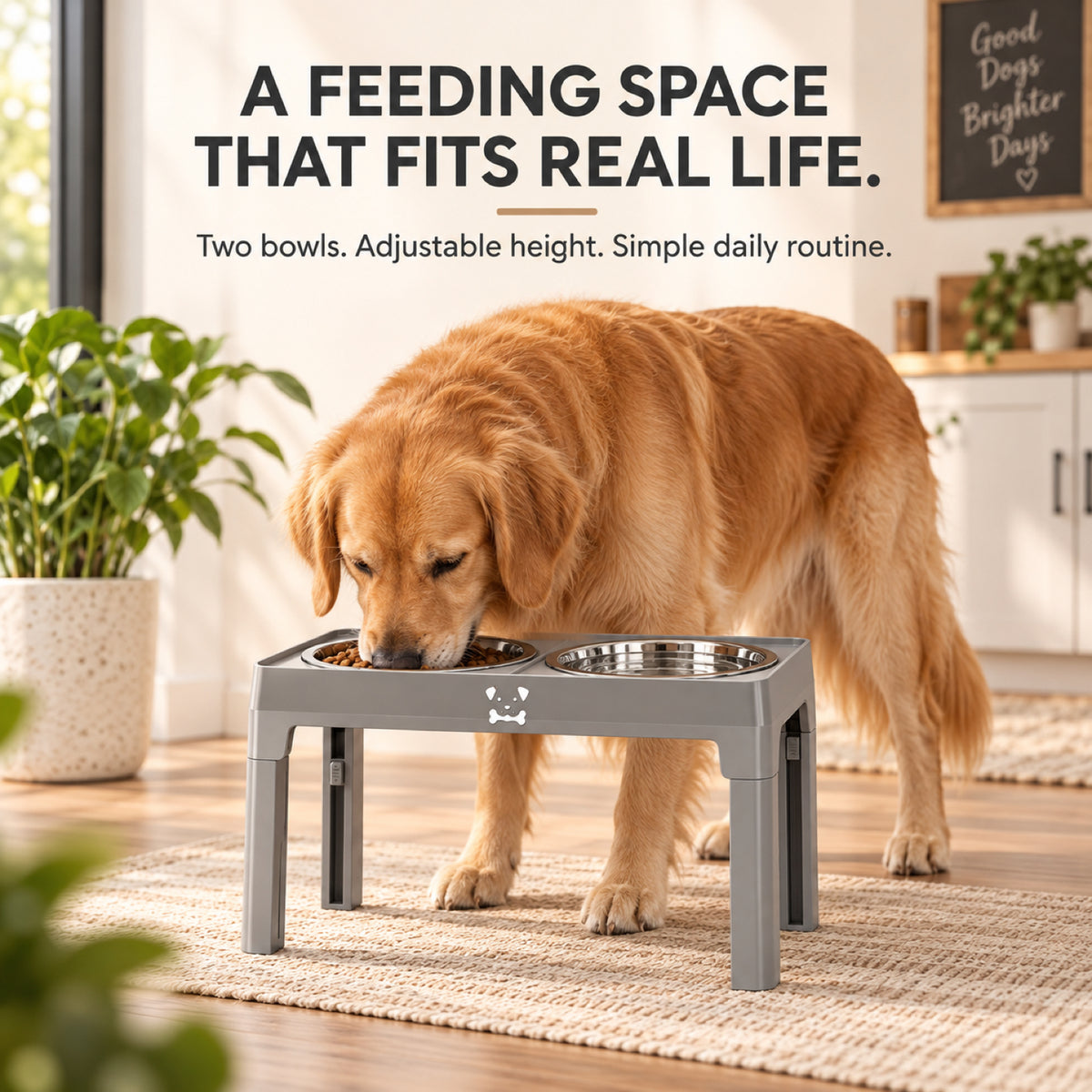 GAVPEPY Adjustable Raised Double Pet Feeder, 43 x 24 x 8.5 cm, Black or Steel Gray, for Everyday Dog and Cat Meals or Water at Home, two bowl positions in a plastic support; a practical feeding setup for daily pet-care routines image 7 - 6.jpg