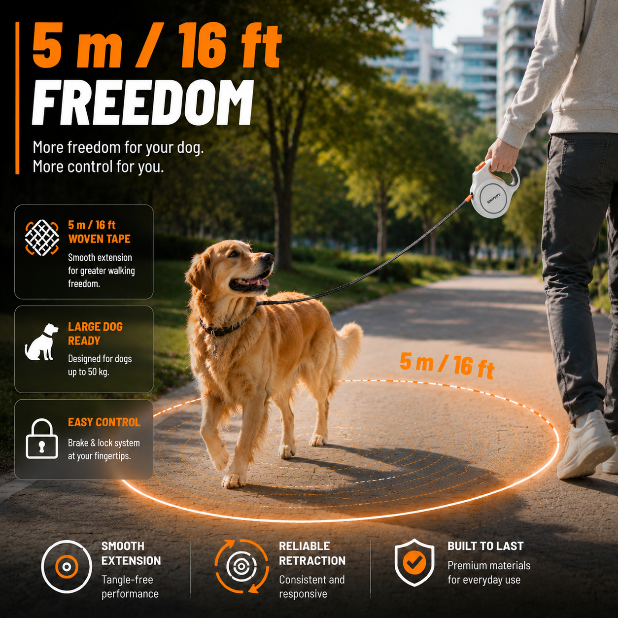 GAVPEPY Retractable Dog Leash, 5 M / 16 Ft Dog Walking Leash, One Hand Brake And Lock, 360 Degree Swivel Hook, For Dogs 10 To 110 Lb, By GAVPEPY image 8 - 8.png