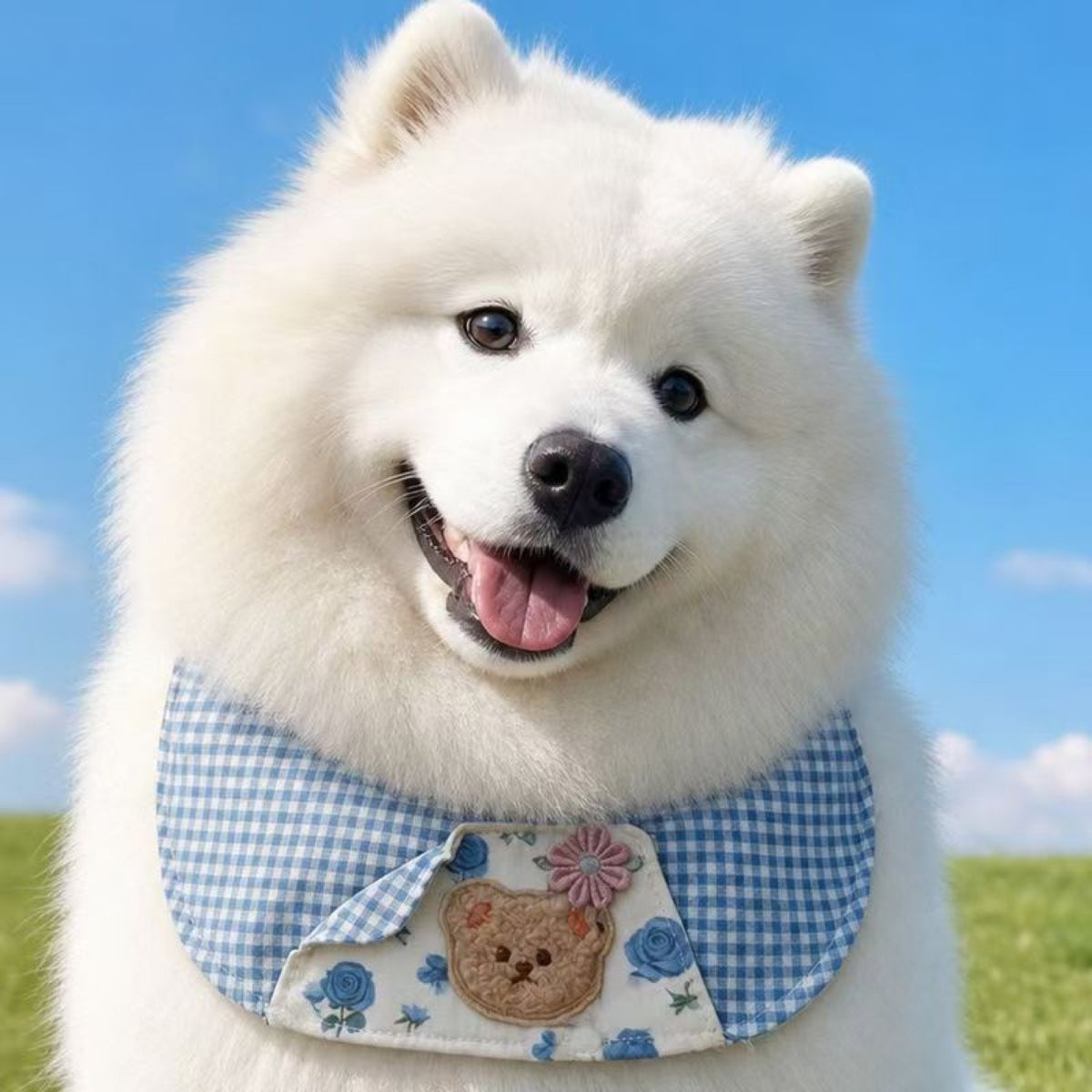 GAVPEPY Polyester Gingham Bear Pet Bib, 6 size options, 5 color or pattern options, for photos, celebrations, walks and everyday pet outfits; a neckwear accessory for everyday outfits, portraits and special occasions image 11 - DPbib35-Blue-XS.jpg