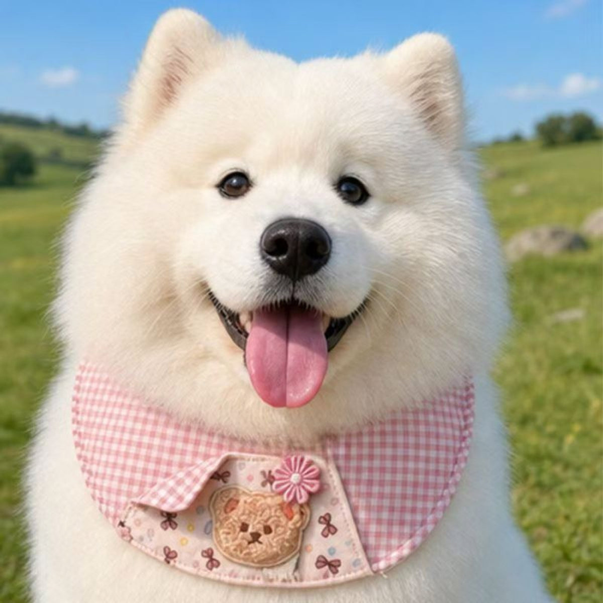 GAVPEPY Polyester Gingham Bear Pet Bib, 6 size options, 5 color or pattern options, for photos, celebrations, walks and everyday pet outfits; a neckwear accessory for everyday outfits, portraits and special occasions image 10 - DPbib35-Pink-XS.jpg