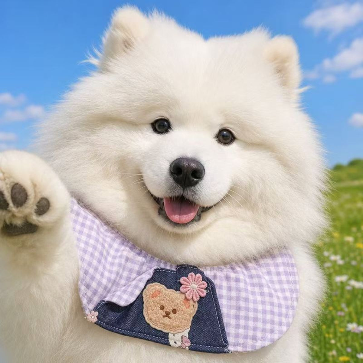 GAVPEPY Polyester Gingham Bear Pet Bib, 6 size options, 5 color or pattern options, for photos, celebrations, walks and everyday pet outfits; a neckwear accessory for everyday outfits, portraits and special occasions image 8 - DPbib35-Purple-XS.jpg