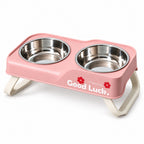 GAVPEPY PP Plastic Raised Stainless Steel Double Pet Bowl for Everyday Feeding, Water Service and Organized Pet Care, Colors Pink, White, and Blue, for Home Kitchens, Feeding Stations and Travel Setups, Foldable Design Supports Compact Storage