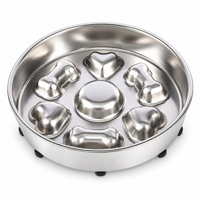 Round Bone-Print Stainless Steel Slow Feeder Bowl, 3 Base Options, By GAVPEPY image 10 - DPbowl31-RoundBoneHeart-RoundBone-BonePrint-WithAntiSlipSilicone.jpg