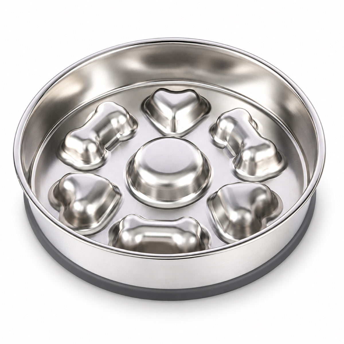Round Bone-Print Stainless Steel Slow Feeder Bowl, 3 Base Options, By GAVPEPY image 9 - DPbowl31-RoundBoneHeart-RoundBone-BonePrint-WithSilicone.jpg
