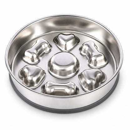 Round Bone-Print Stainless Steel Slow Feeder Bowl, 3 Base Options, By GAVPEPY image 9 - DPbowl31-RoundBoneHeart-RoundBone-BonePrint-WithSilicone.jpg