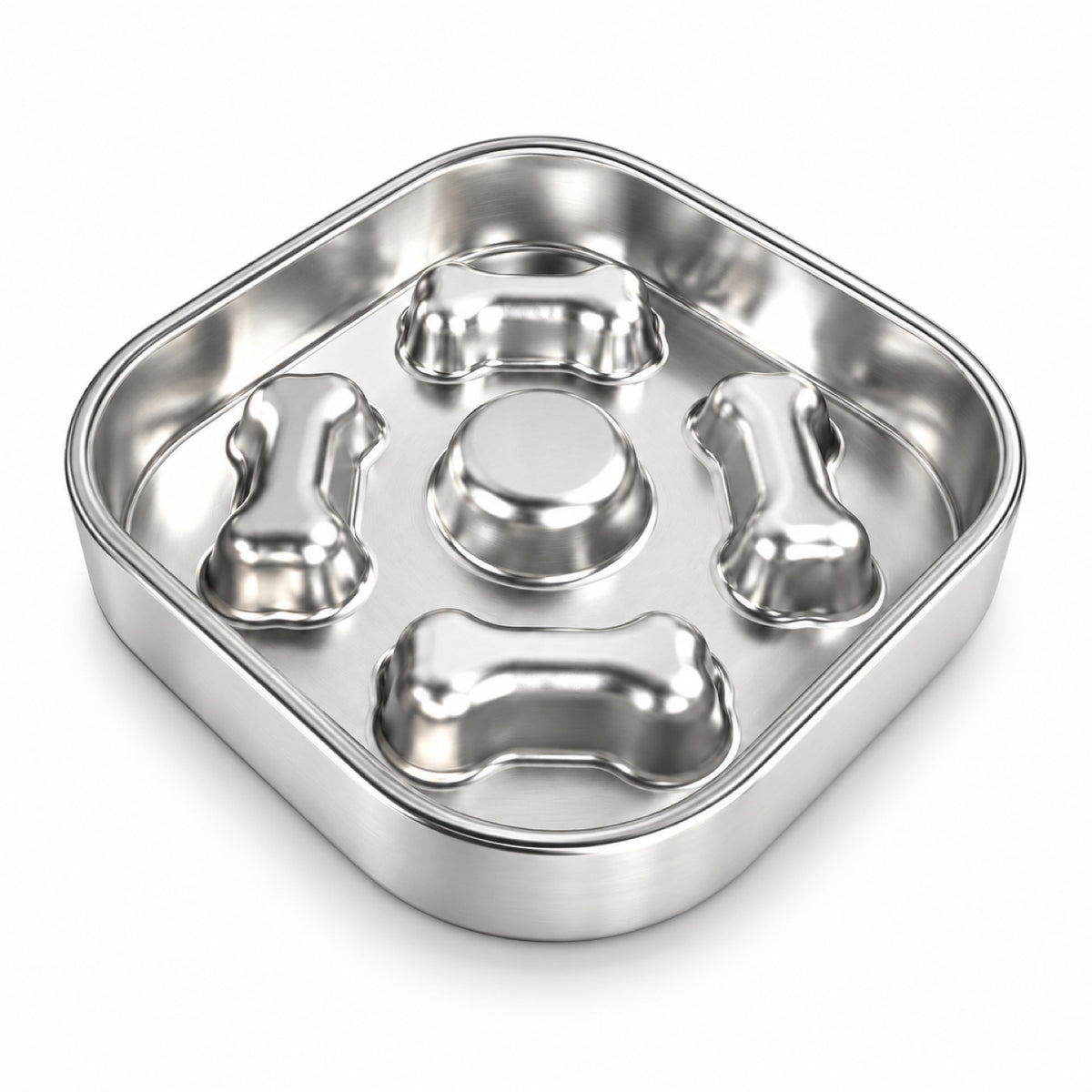 Square Bone-Print Stainless Steel Slow Feeder Bowl, 2 Base Options, By GAVPEPY image 9 - DPbowl32-SquareBone-BonePrint-NoSilicone.jpg