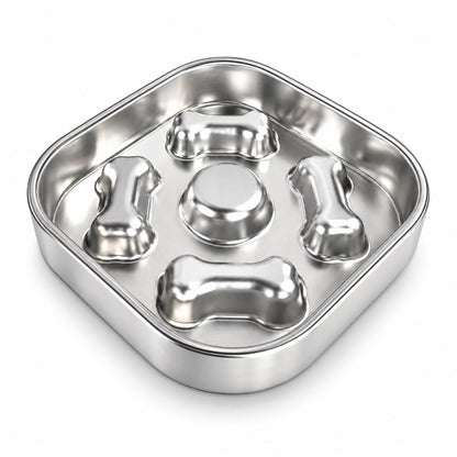 Square Bone-Print Stainless Steel Slow Feeder Bowl, 2 Base Options, By GAVPEPY image 9 - DPbowl32-SquareBone-BonePrint-NoSilicone.jpg