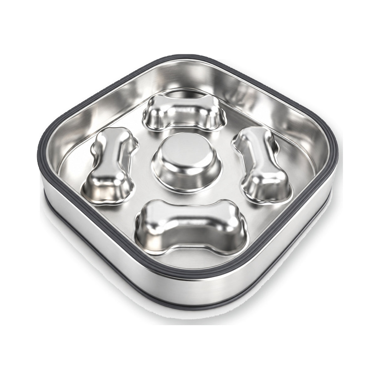 Square Bone-Print Stainless Steel Slow Feeder Bowl, 2 Base Options, By GAVPEPY image 8 - DPbowl32-SquareBone-BonePrint-WithSilicone.jpg