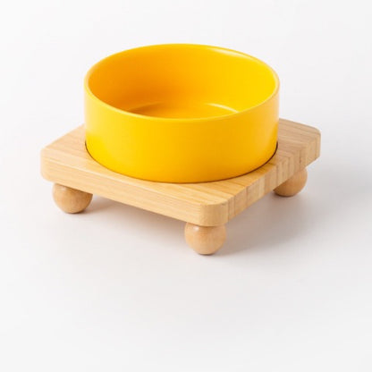 Raised Ceramic Pet Bowl with Single Bamboo Stand, 40 Options, By GAVPEPY image 34 - DPbowl38-MatteYellow-13CM-1pc-StraightRim-RoundBead.jpg