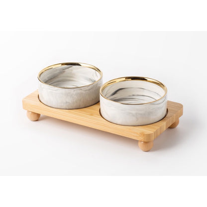Raised Ceramic Double Pet Bowl with Bamboo Stand, 40 Options, By GAVPEPY image 19 - DPbowl39-Gray-13CM-2pcs-StraightRim-RoundBead-V17.jpg