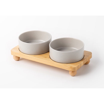 Raised Ceramic Double Pet Bowl with Bamboo Stand, 40 Options, By GAVPEPY image 45 - DPbowl39-MatteGray-15-7CM-2pcs-StraightRim-RoundBead.jpg