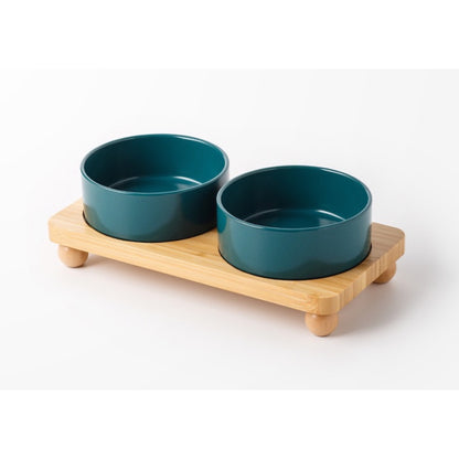 Raised Ceramic Double Pet Bowl with Bamboo Stand, 40 Options, By GAVPEPY image 11 - DPbowl39-MatteGreen-15-7CM-2pcs-StraightRim-RoundBead.jpg