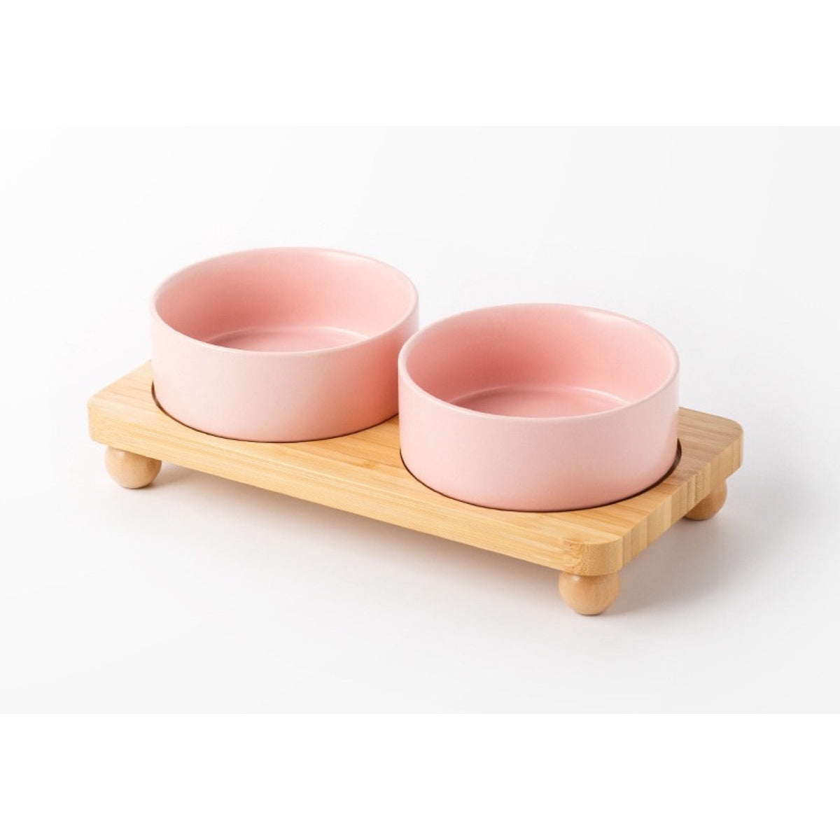 Raised Ceramic Double Pet Bowl with Bamboo Stand, 40 Options, By GAVPEPY image 46 - DPbowl39-MattePink-15-7CM-2pcs-StraightRim-RoundBead.jpg