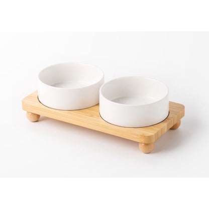 Raised Ceramic Double Pet Bowl with Bamboo Stand, 40 Options, By GAVPEPY image 40 - DPbowl39-MatteWhite-15-7CM-2pcs-StraightRim-RoundBead.jpg