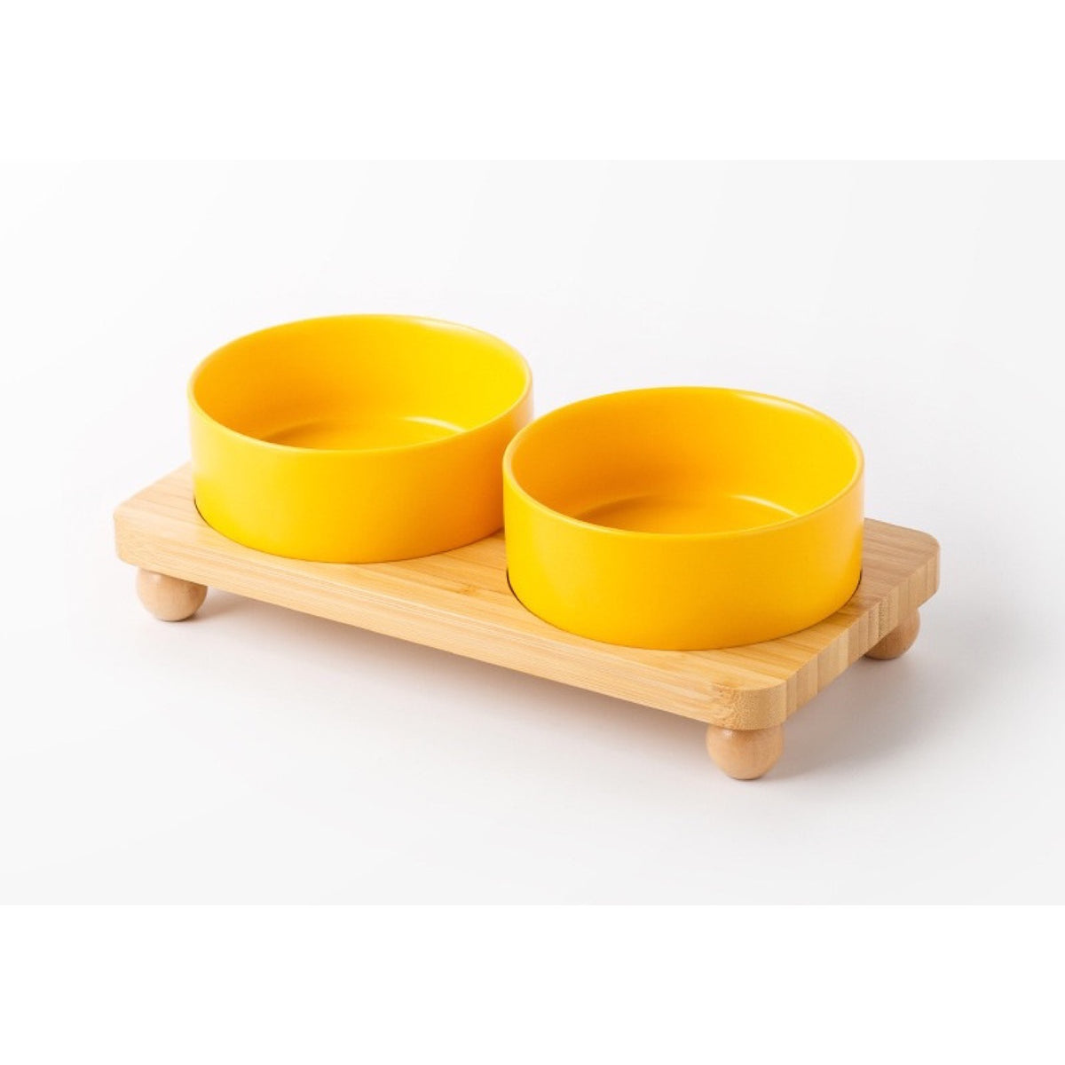 Raised Ceramic Double Pet Bowl with Bamboo Stand, 40 Options, By GAVPEPY image 34 - DPbowl39-MatteYellow-15-7CM-2pcs-StraightRim-RoundBead.jpg