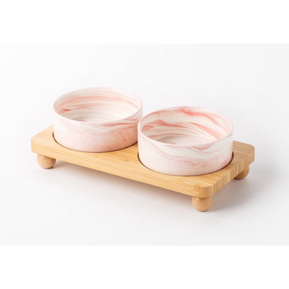 Raised Ceramic Double Pet Bowl with Bamboo Stand, 40 Options, By GAVPEPY image 29 - DPbowl39-Pink-15-7CM-2pcs-StraightRim-RoundBead.jpg