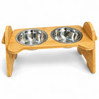 GAVPEPY Bamboo and Wood Trapezoid Double Pet Bowl Stand for Everyday Feeding, Water Service and Organized Pet Care, Size 16.5 x 7 x 7.6 in, for Home Kitchens, Feeding Stations and Travel Setups, Foldable Design Supports Compact Storage