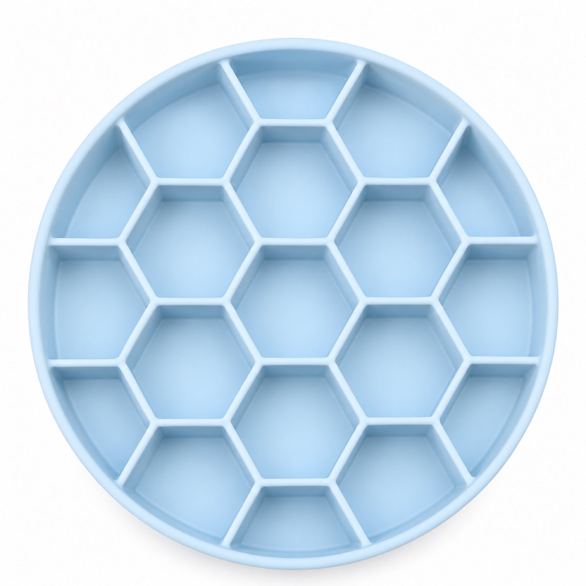 GAVPEPY Silicone Honeycomb Slow Feeder Bowl, 21 cm diameter, Blue, Green or Orange, for Everyday Dog and Cat Meals or Water at Home, raised honeycomb-style channels; a patterned surface separates portions across the bowl image 8 - DPbowl51-Blue-21CM.jpg