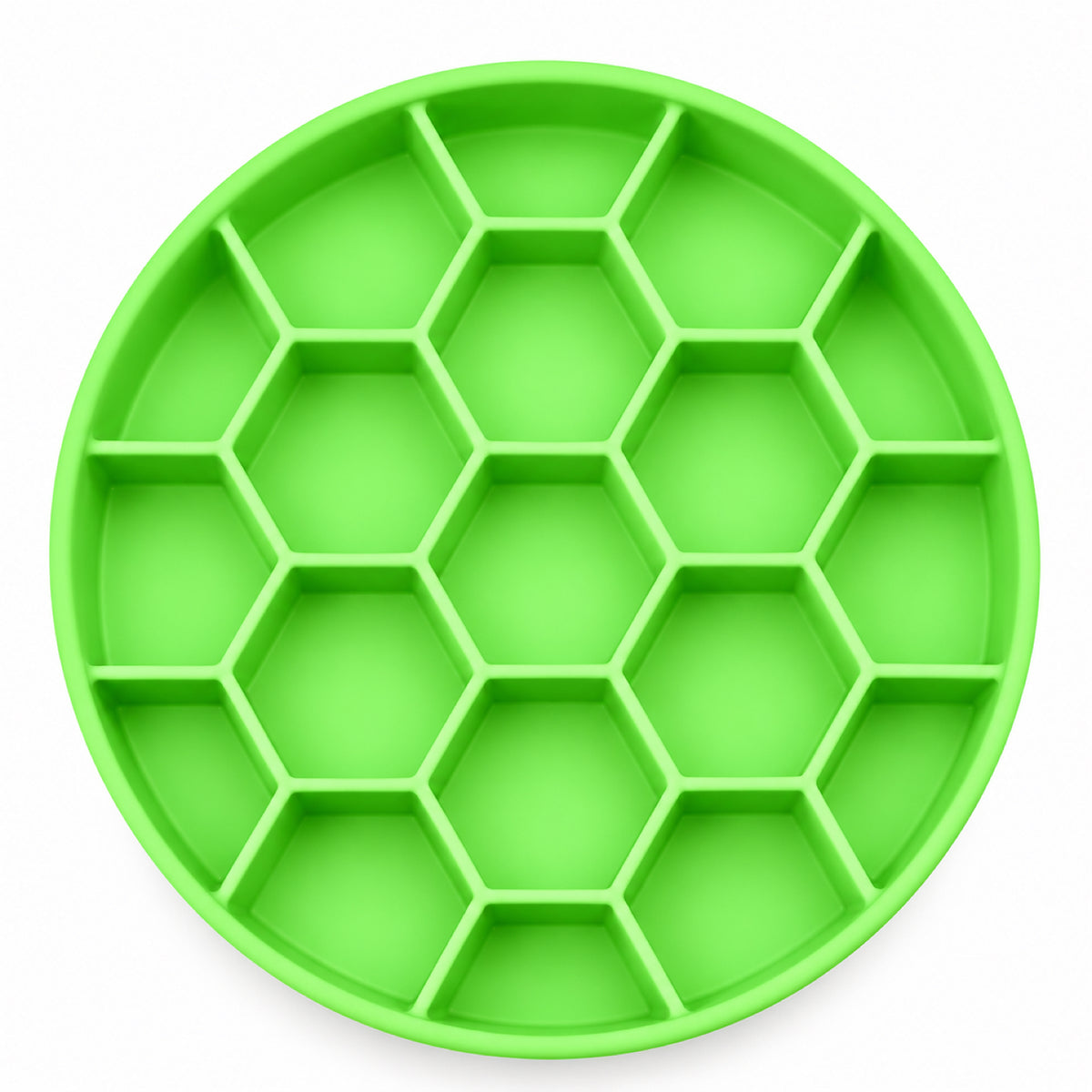 GAVPEPY Silicone Honeycomb Slow Feeder Bowl, 21 cm diameter, Blue, Green or Orange, for Everyday Dog and Cat Meals or Water at Home, raised honeycomb-style channels; a patterned surface separates portions across the bowl image 9 - DPbowl51-Green-21CM.jpg
