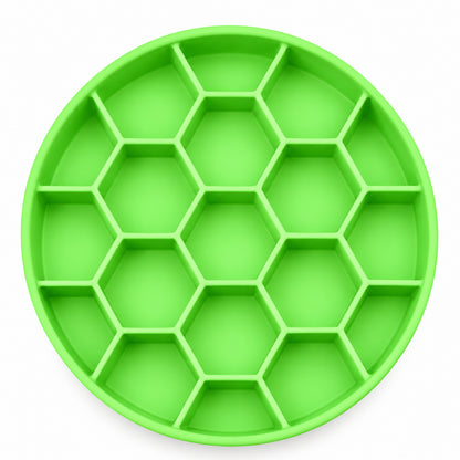 GAVPEPY Silicone Honeycomb Slow Feeder Bowl, 21 cm diameter, Blue, Green or Orange, for Everyday Dog and Cat Meals or Water at Home, raised honeycomb-style channels; a patterned surface separates portions across the bowl image 9 - DPbowl51-Green-21CM.jpg