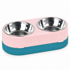 GAVPEPY Stainless Steel Double Pet Bowl Set, 31.5 x 16.5 x 9.3 cm, Pink and Green or Blue and Yellow, for Everyday Dog and Cat Meals or Water at Home, two removable-looking bowls in a joined base; a practical feeding setup for daily pet-care routines