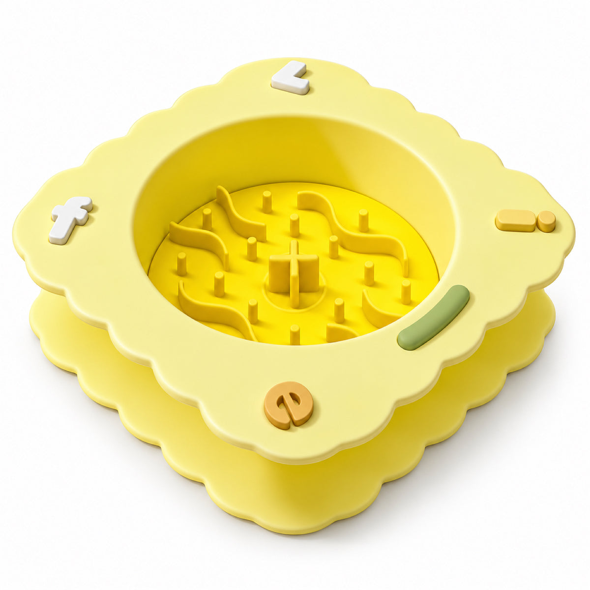 GAVPEPY Silicone Patterned Slow Feeder Bowl, 19.5 x 19.5 x 5.5 cm, Sea Breeze Blue, Sunset Orange or Lemon Yellow, for Everyday Dog and Cat Meals or Water at Home, raised maze-like food channels; a patterned surface separates portions across the bowl image 10 - DPbowl56-LemonYellow.jpg