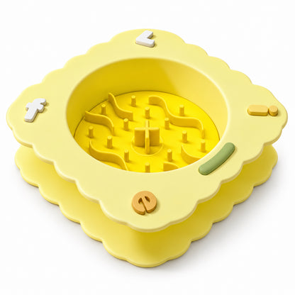 GAVPEPY Silicone Patterned Slow Feeder Bowl, 19.5 x 19.5 x 5.5 cm, Sea Breeze Blue, Sunset Orange or Lemon Yellow, for Everyday Dog and Cat Meals or Water at Home, raised maze-like food channels; a patterned surface separates portions across the bowl image 10 - DPbowl56-LemonYellow.jpg